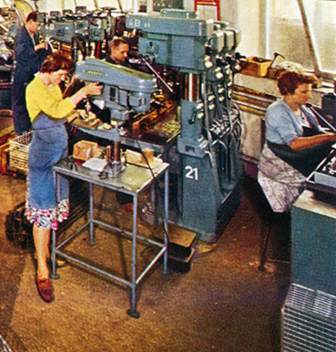 Stocking sewing for nylons with pneumatic needle drive.